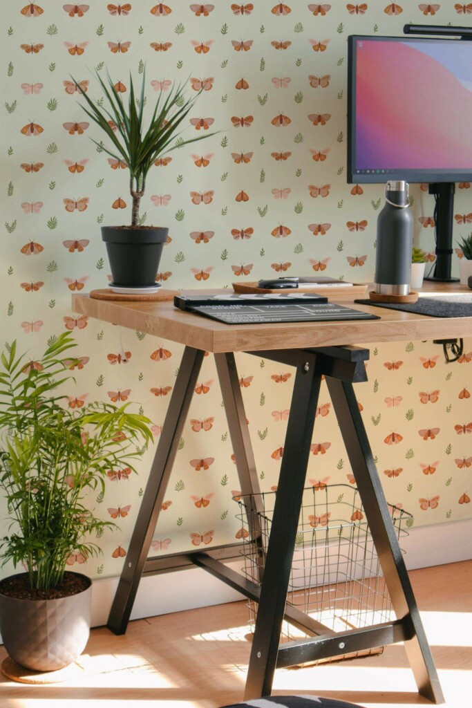 Scandinavian style home office decorated with Boho butterflies peel and stick wallpaper