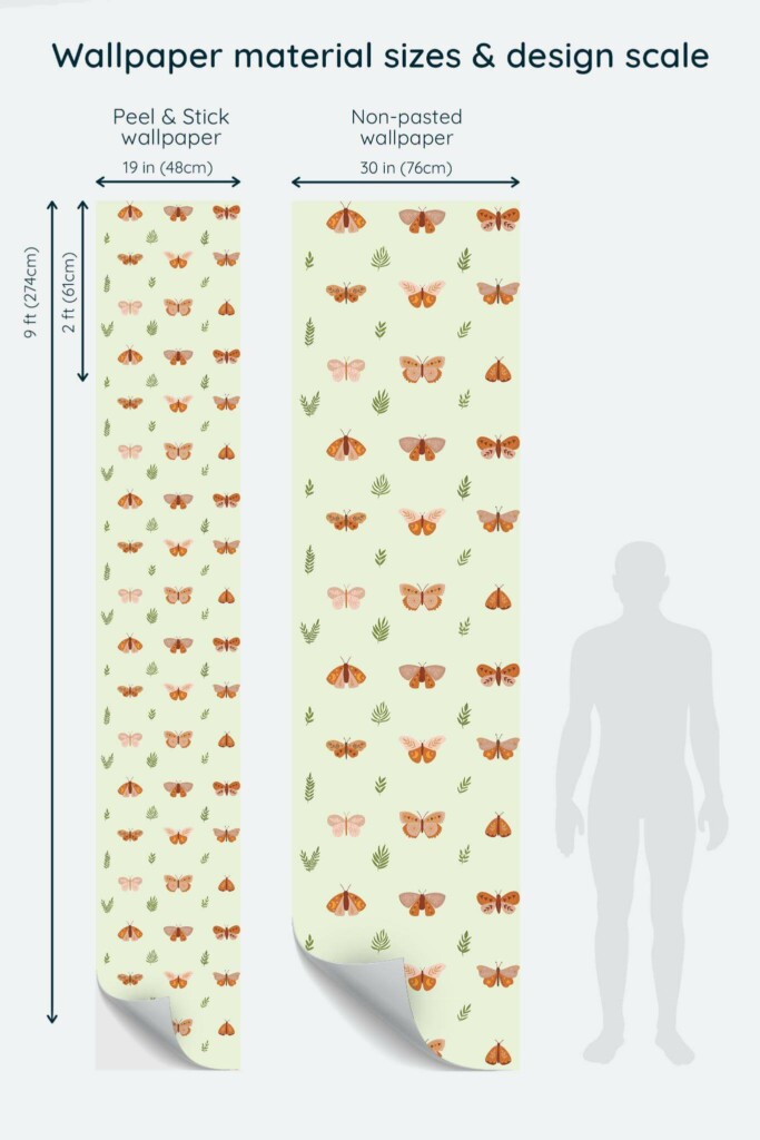 Size comparison of Boho butterflies Peel & Stick and Non-pasted wallpapers with design scale relative to human figure