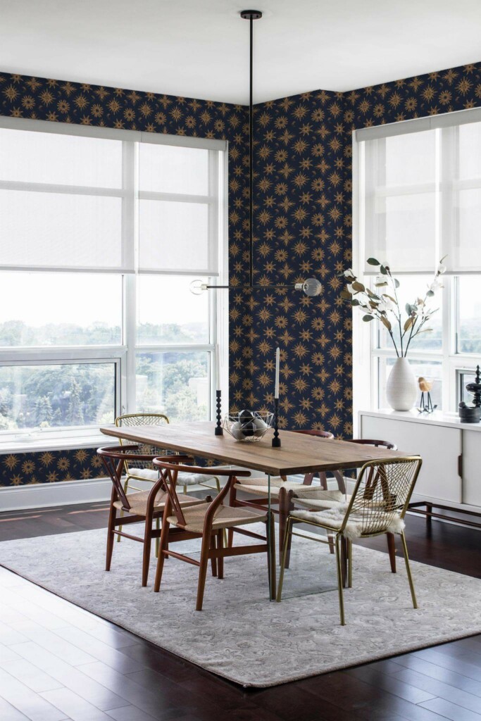 Modern minimalist style dining room decorated with Boho celestial peel and stick wallpaper