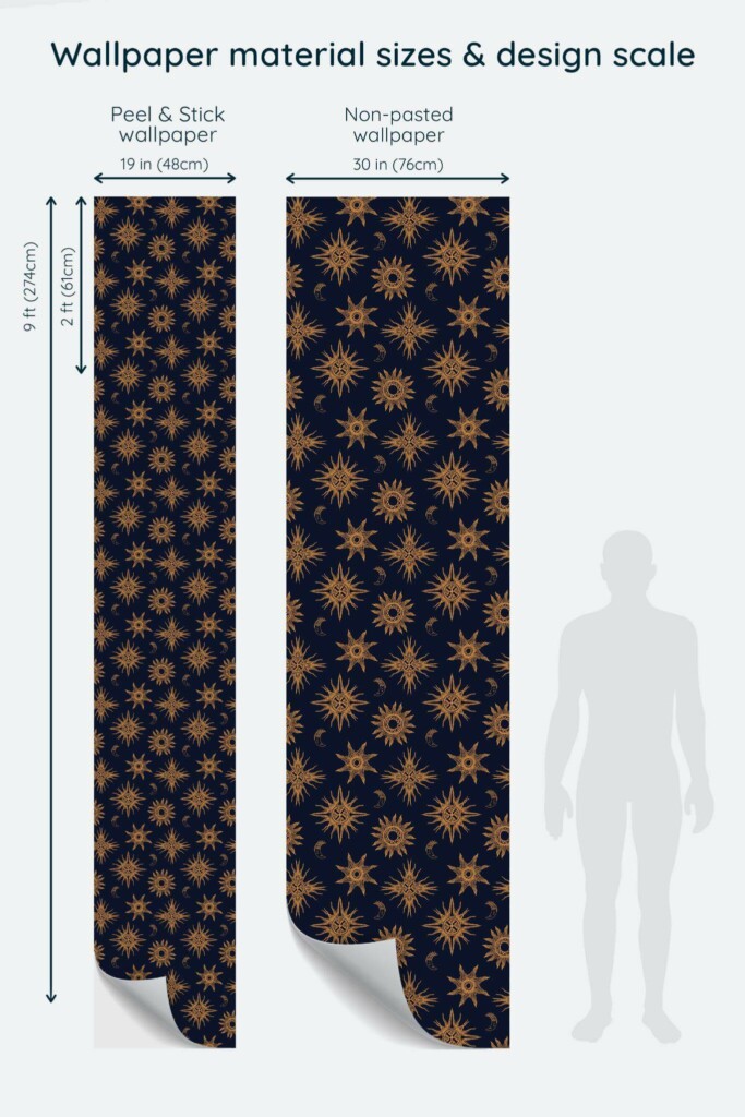 Size comparison of Boho celestial Peel & Stick and Non-pasted wallpapers with design scale relative to human figure