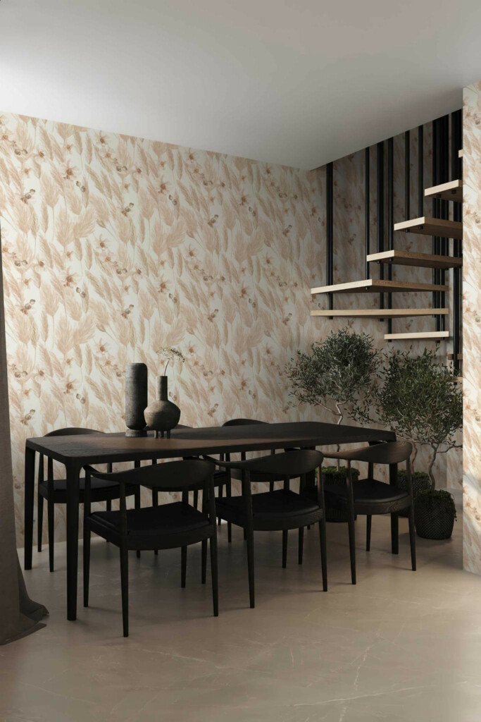 Modern industrial style dining room decorated with Boho chic peel and stick wallpaper