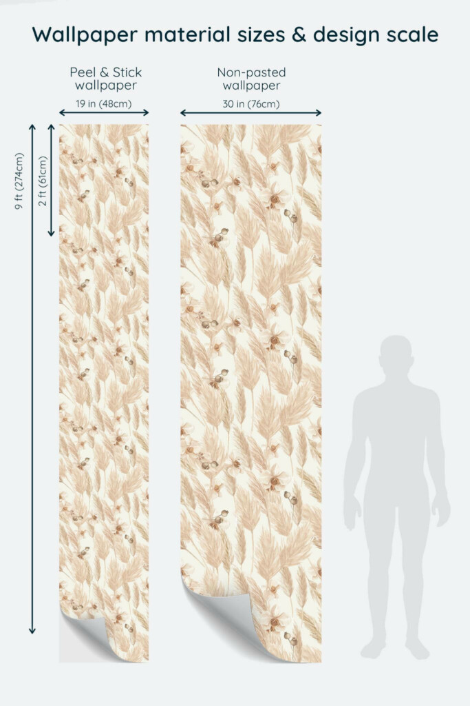 Size comparison of Boho chic Peel & Stick and Non-pasted wallpapers with design scale relative to human figure