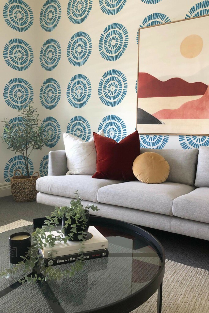 Boho style living room decorated with Boho circle peel and stick wallpaper