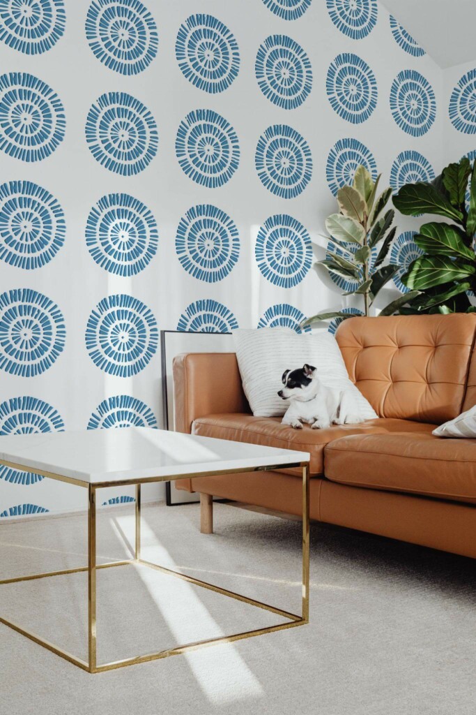 Mid-century modern style living room with dog on a sofa decorated with Boho circle peel and stick wallpaper