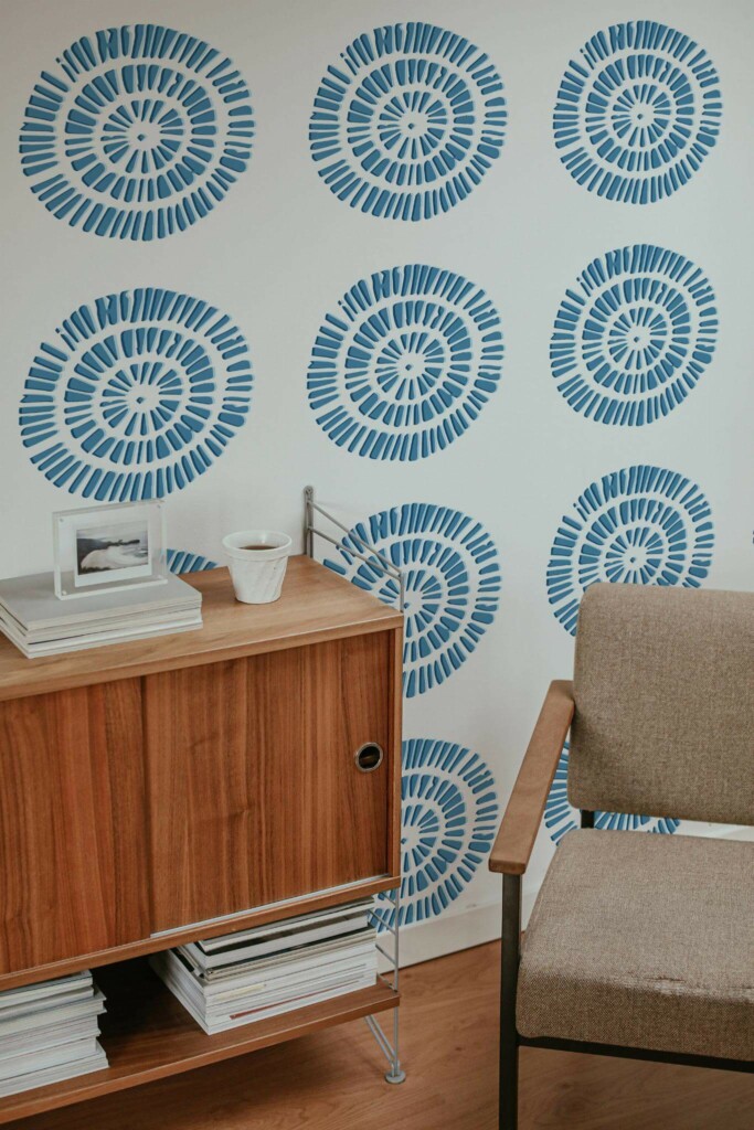 Mid-century style living room decorated with Boho circle peel and stick wallpaper