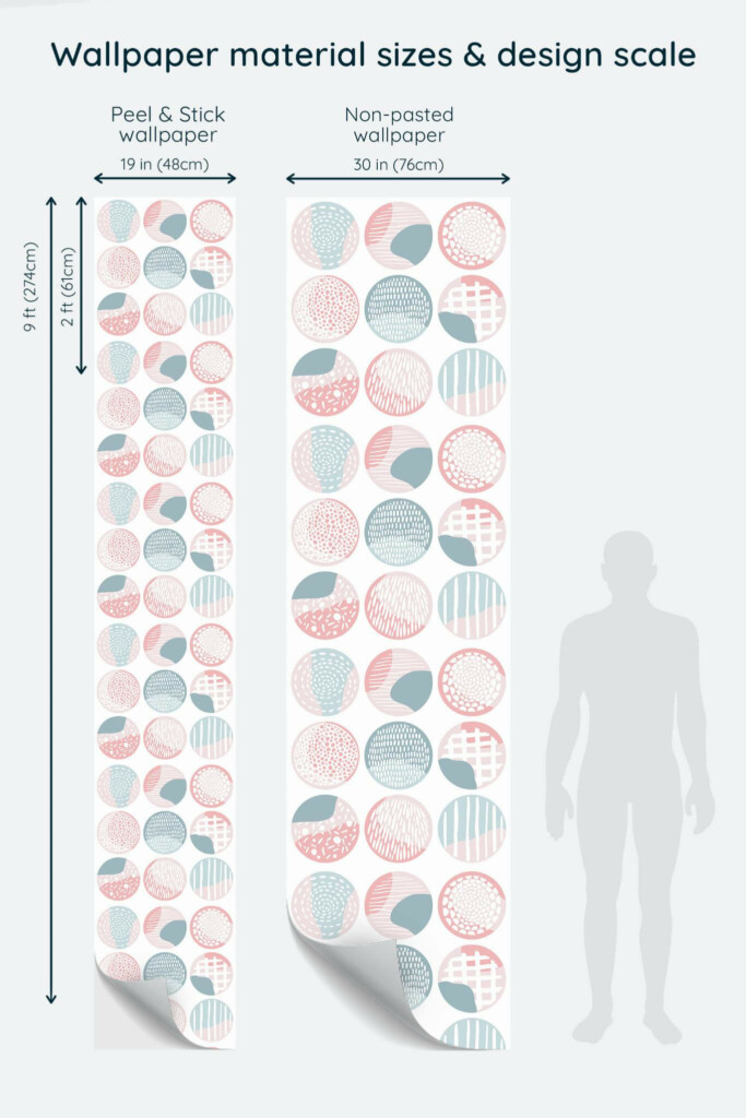 Size comparison of Boho circles Peel & Stick and Non-pasted wallpapers with design scale relative to human figure