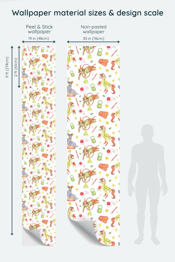 Size comparison of Boho circus Peel & Stick and Non-pasted wallpapers with design scale relative to human figure