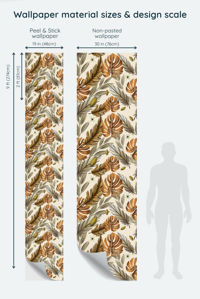 Size comparison of Boho feather Peel & Stick and Non-pasted wallpapers with design scale relative to human figure