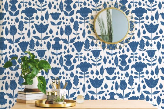 Blue and white boho floral peel stick wallpaper