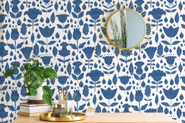 Blue and white boho floral peel stick wallpaper