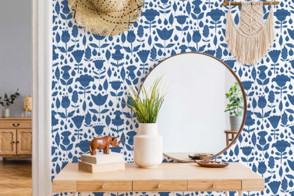 Blue and white boho floral temporary wallpaper