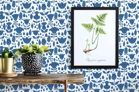 Blue and white boho floral self adhesive wallpaper