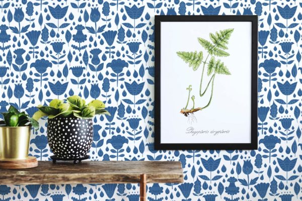 Blue and white boho floral self adhesive wallpaper