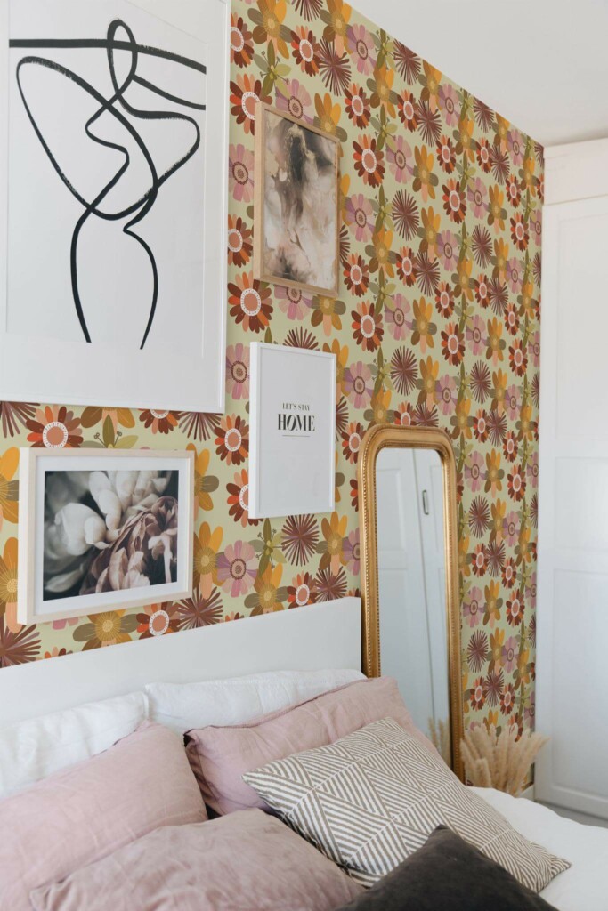 Bohemian style bedroom decorated with Boho floral peel and stick wallpaper