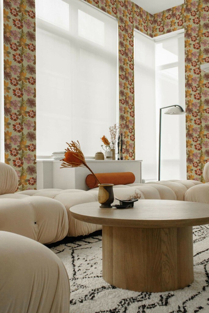 Contemporary style living room decorated with Boho floral peel and stick wallpaper