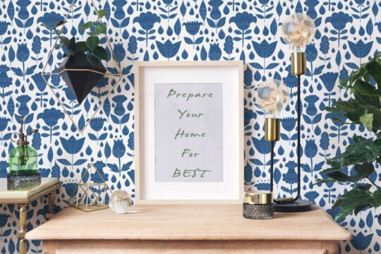 Blue and white boho floral stick on wallpaper