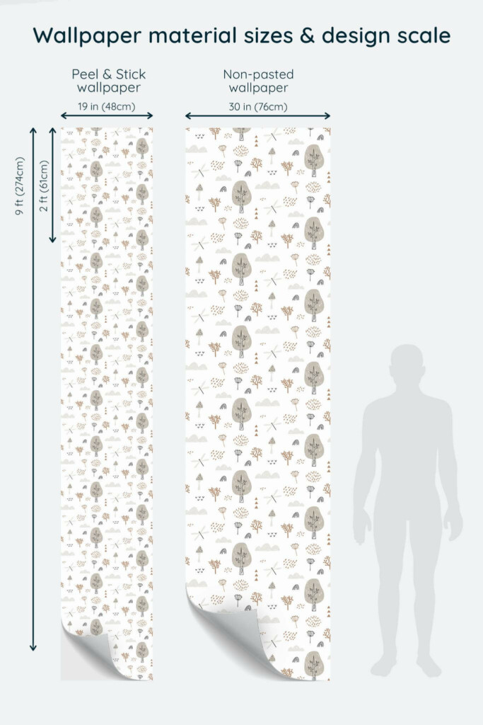 Size comparison of Boho forest Peel & Stick and Non-pasted wallpapers with design scale relative to human figure