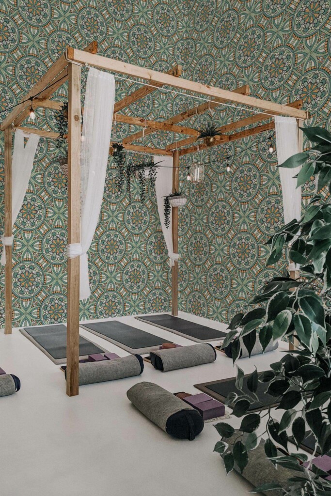 Boho style yoga room decorated with Boho Mandala peel and stick wallpaper