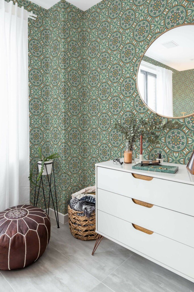 Scandinavian style bedroom decorated with Boho Mandala peel and stick wallpaper and Mediterranean accents