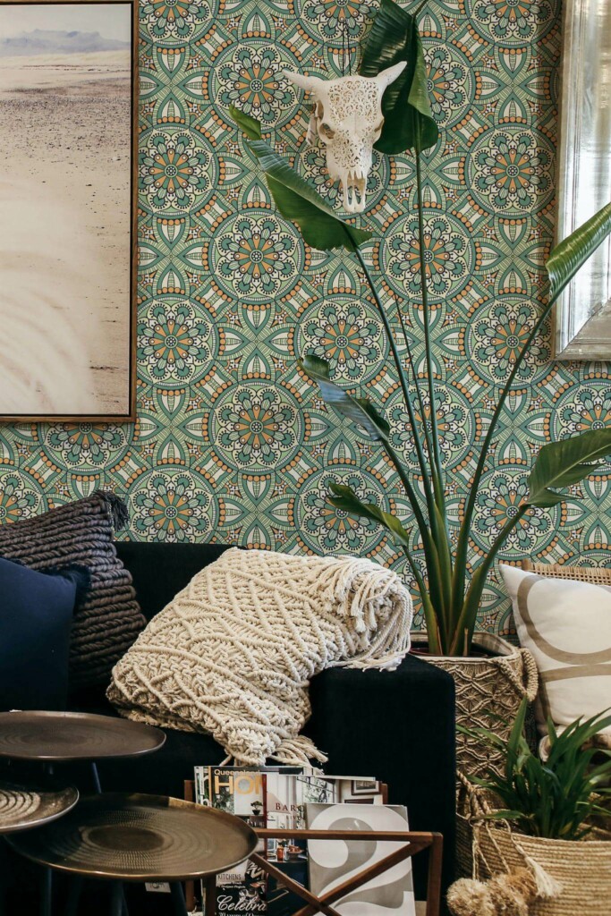 Scandinavian style living room decorated with Boho Mandala peel and stick wallpaper