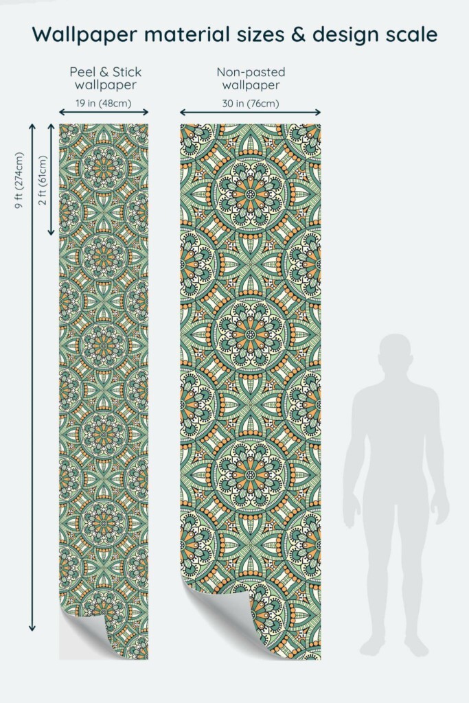 Size comparison of Boho mandala Peel & Stick and Non-pasted wallpapers with design scale relative to human figure