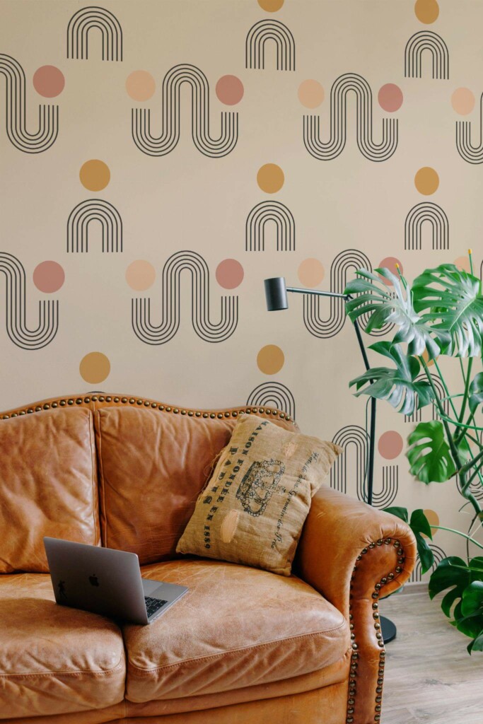 Mid-century modern style living room decorated with Boho modern peel and stick wallpaper