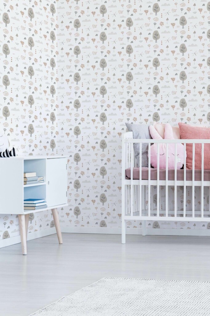 Minimal girly style nursery decorated with Boho neutral forest peel and stick wallpaper