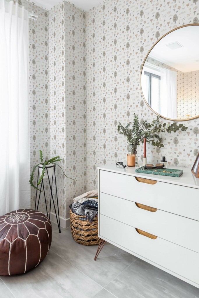 Scandinavian style bedroom decorated with Boho neutral forest peel and stick wallpaper and Mediterranean accents
