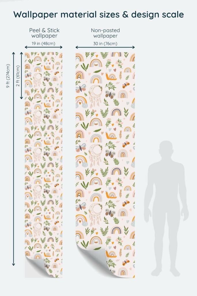 Size comparison of Boho nursery Peel & Stick and Non-pasted wallpapers with design scale relative to human figure