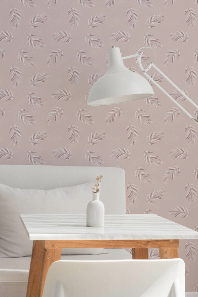 Minimal style dining room decorated with Boho pink leaf peel and stick wallpaper
