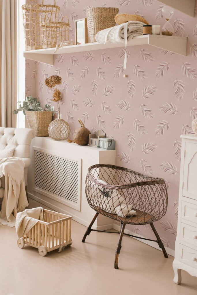 Neutral style nursery decorated with Boho pink leaf peel and stick wallpaper