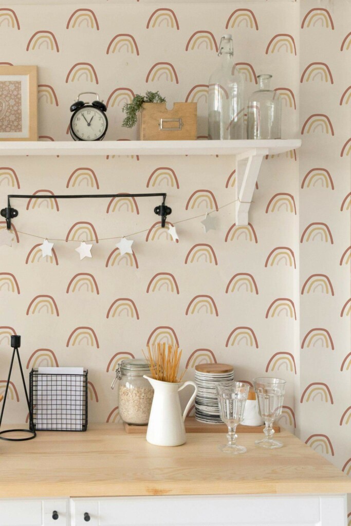 Light farmhouse style kitchen decorated with Boho rainbow peel and stick wallpaper