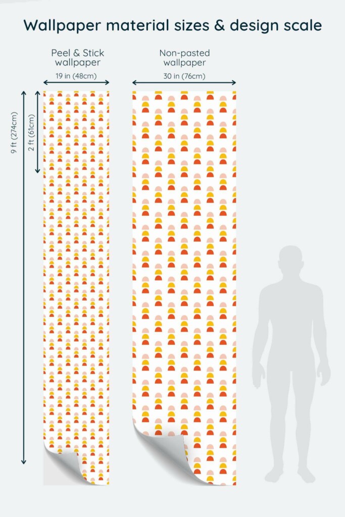 Size comparison of Boho shapes Peel & Stick and Non-pasted wallpapers with design scale relative to human figure