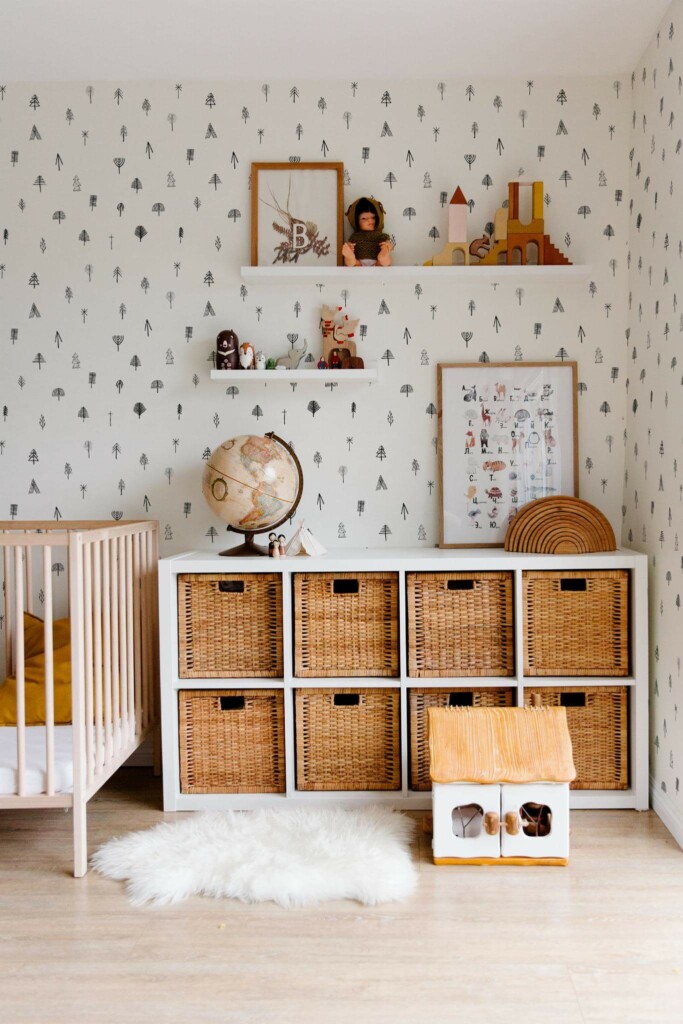 Boho style nursery decorated with Boho small trees peel and stick wallpaper