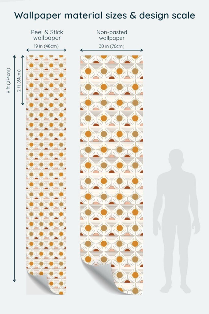 Size comparison of Boho sun Peel & Stick and Non-pasted wallpapers with design scale relative to human figure