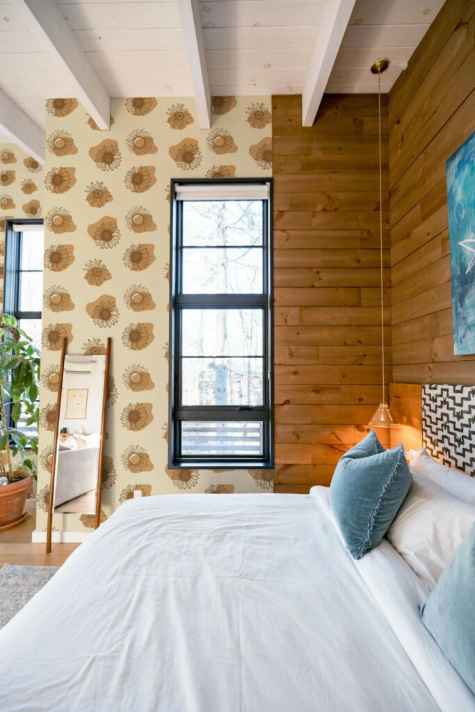 MId-century style bedroom decorated with Boho sunflower peel and stick wallpaper