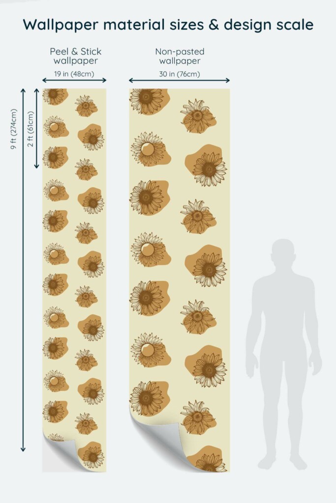 Size comparison of Boho sunflower Peel & Stick and Non-pasted wallpapers with design scale relative to human figure