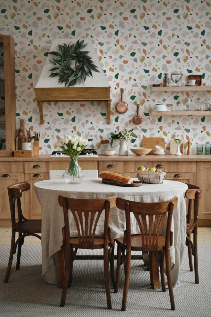 Boho farmhouse style kitchen dining room decorated with Boho Terrazzo peel and stick wallpaper