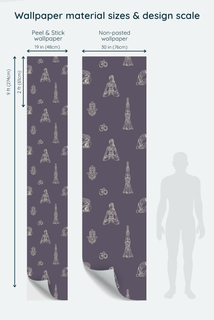 Size comparison of Boho yoga Peel & Stick and Non-pasted wallpapers with design scale relative to human figure