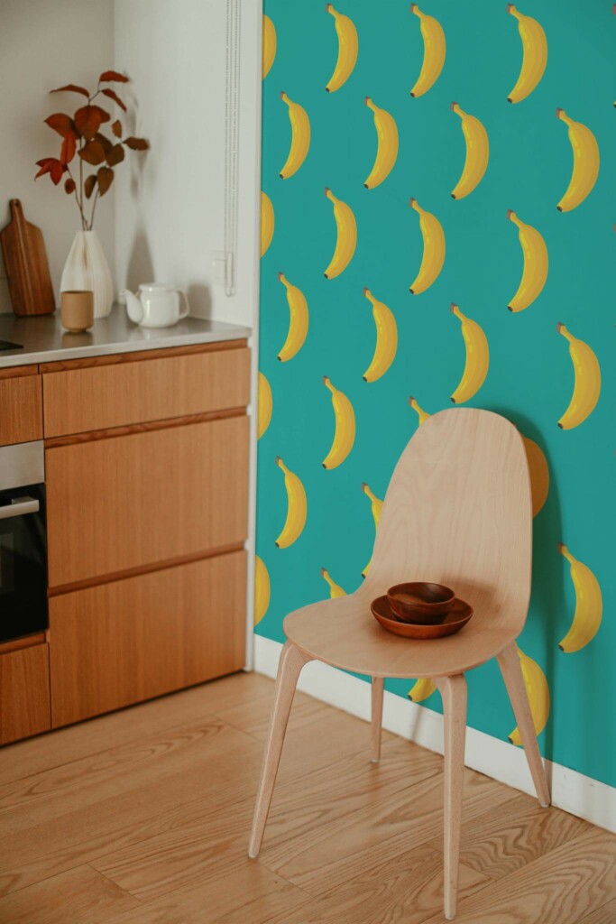 Boho style kitchen decorated with Bold Banana peel and stick wallpaper