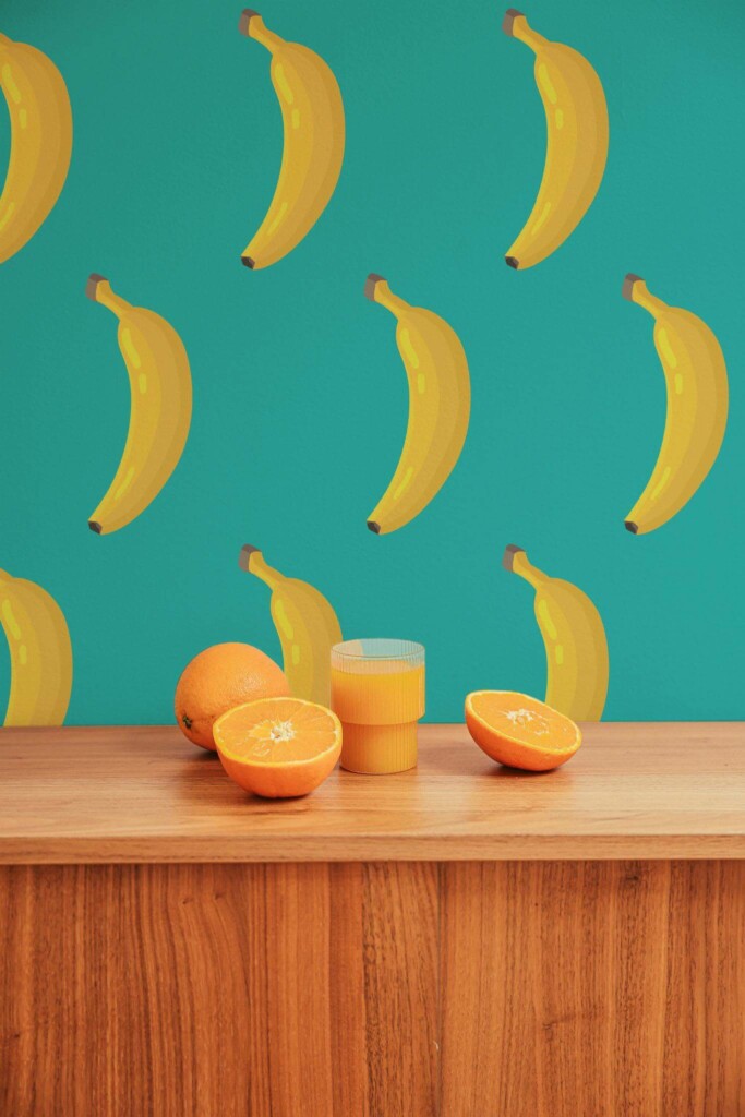 Mid-century style living room decorated with Bold Banana peel and stick wallpaper