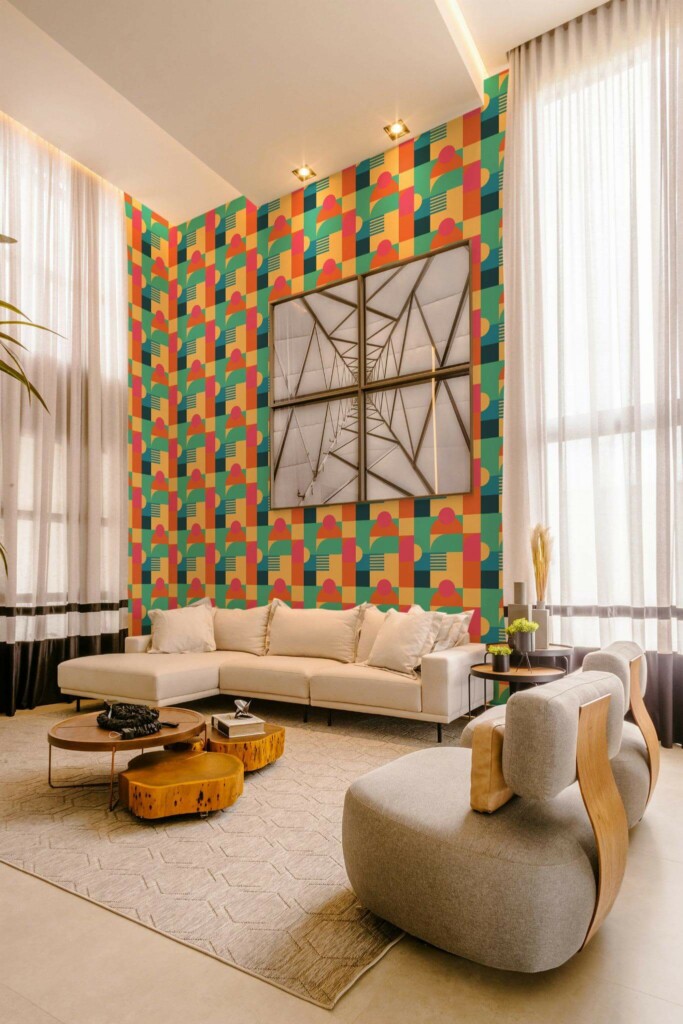 Contemporary style living room decorated with Bold Bauhaus peel and stick wallpaper