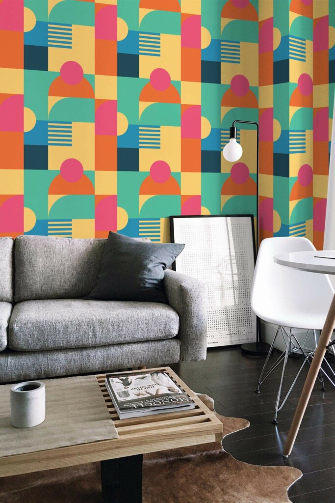 Industrial scandinavian style living room decorated with Bold Bauhaus peel and stick wallpaper