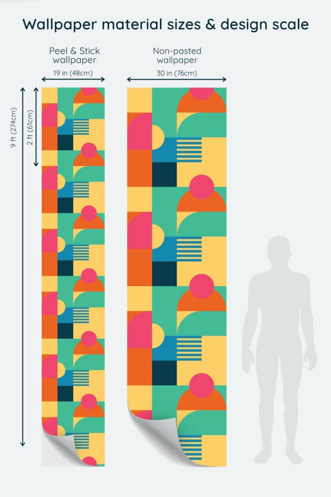 Size comparison of Bold Bauhaus Peel & Stick and Non-pasted wallpapers with design scale relative to human figure