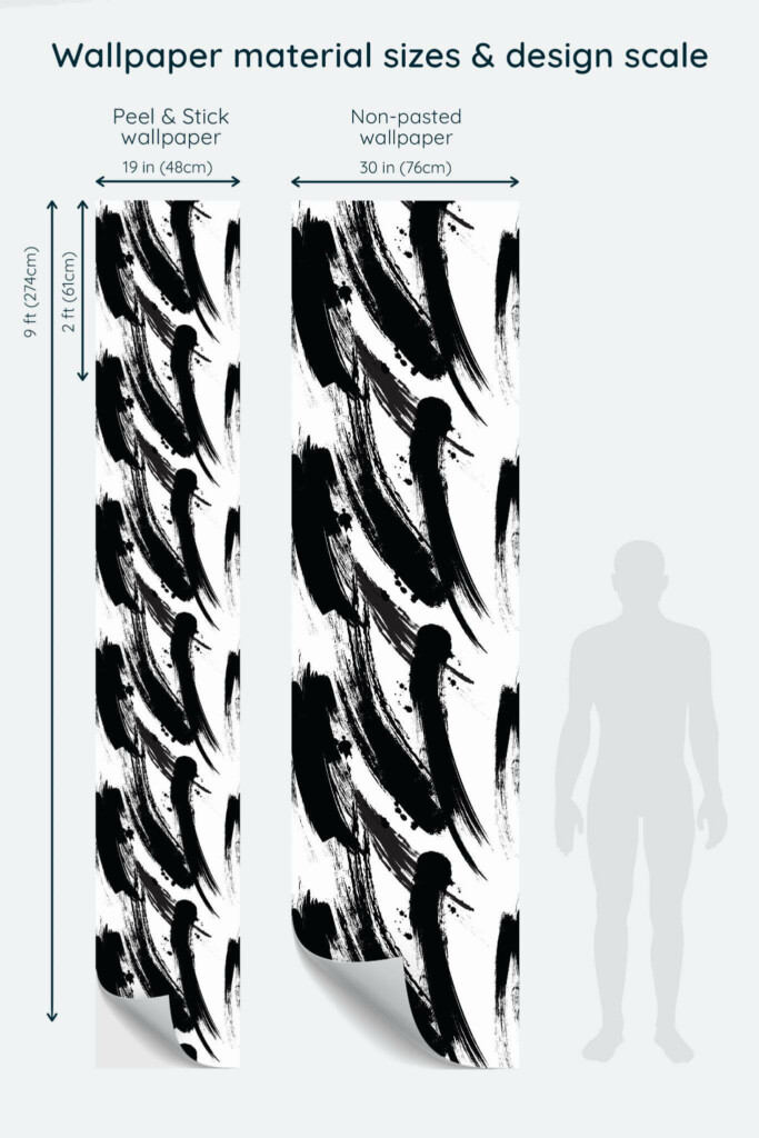 Size comparison of Bold black brush stroke Peel & Stick and Non-pasted wallpapers with design scale relative to human figure