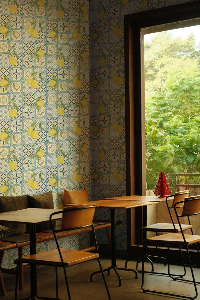 Fancy Walls Blue and white Tile unpasted wallpaper with bold Italian design