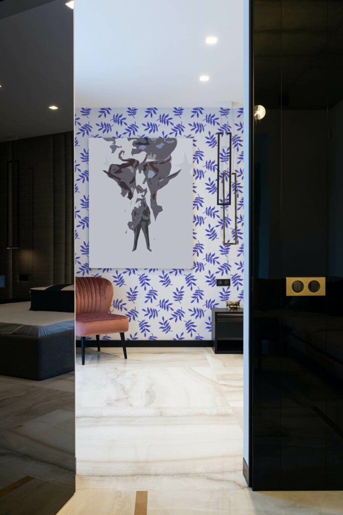 Art deco style bedroom decorated with Bold Blue leaf peel and stick wallpaper