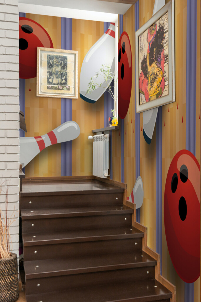 Peel and stick wall murals with bold bowling lanes, red balls, and tumbling pins in a colorful sports composition perfect for gym walls and playful interiors. The Fancy Walls peel and stick or non-pasted wallpaper.