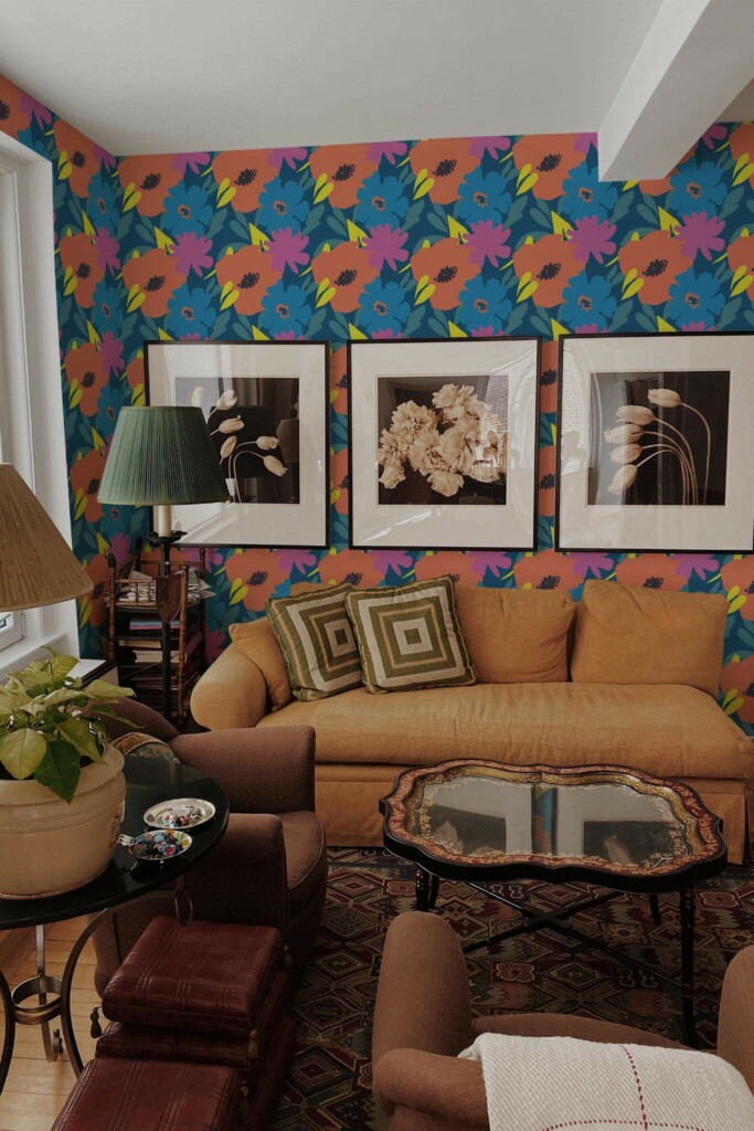 Mid-century eclectic style living room decorated with Bold bright nail salon peel and stick wallpaper