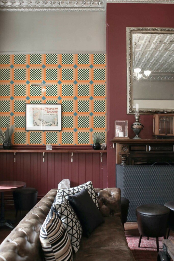 Rustic traditional style living room decorated with Bold checkered geometry peel and stick wallpaper